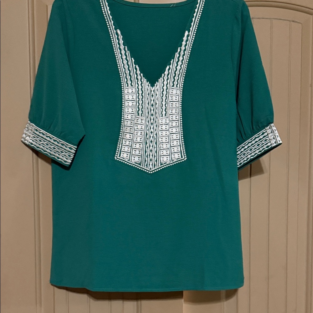 Just USA Teal Blouse with White Embroidery